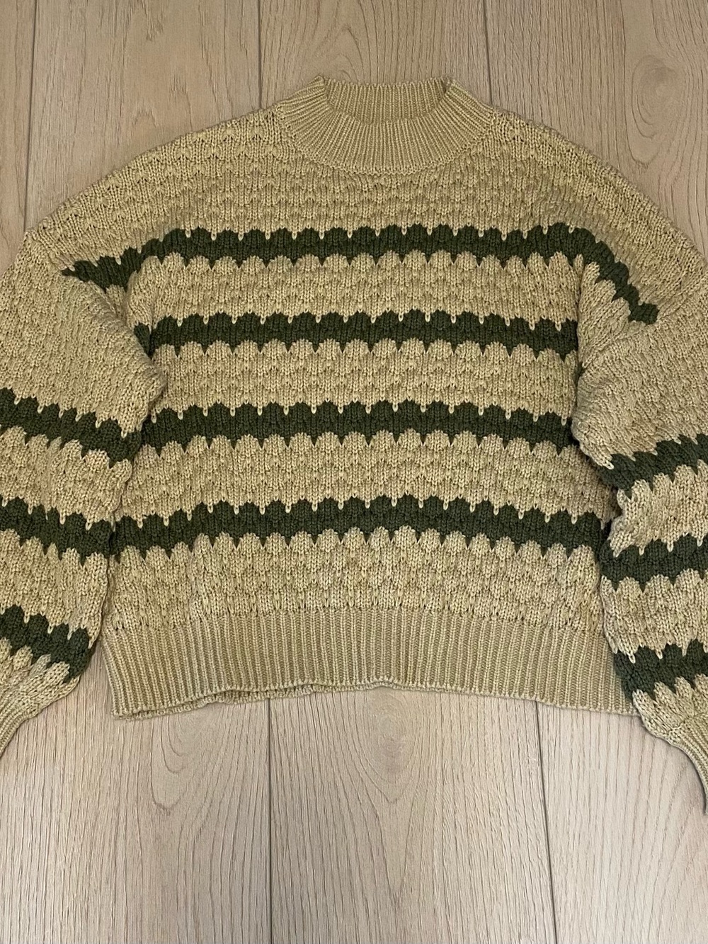 Textured Crewneck Sweater in Beige and Olive Stripe